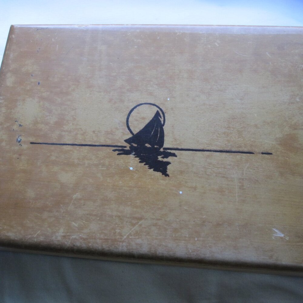 antique Rogers Bros Silverware Wood Storage Box- 3"x11"x14", Blue Velvet lined